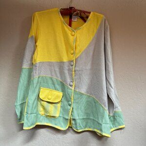 Adolfo Sport Womens Colorblock Waffle Knit Cardigan Sweater Small Yellow Pocket